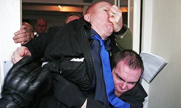 Times journalist Dominic Kennedy being ejected from BNP press conference.